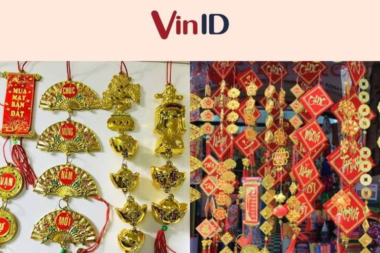 Dây đồng xu vàng và thỏi vàng giả treo trên cây quất tượng trưng tài lộc