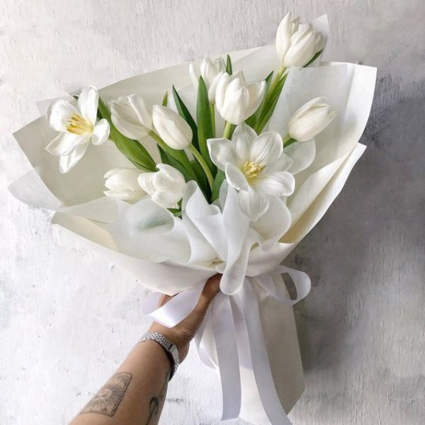 Bó hoa tulip trắng tươi, hình thức phổ biến được nhiều người lựa chọn khi tìm hiểu hoa tulip giá bao nhiêu