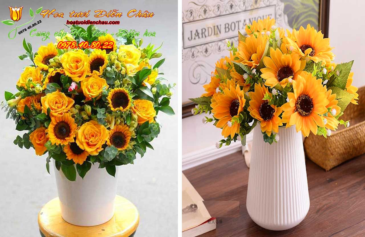 Gần hơn của lọ sứ cắm hoa hướng dương để bàn thờ, cho thấy sự kết hợp hài hòa giữa hoa vàng và bình gốm trắng.