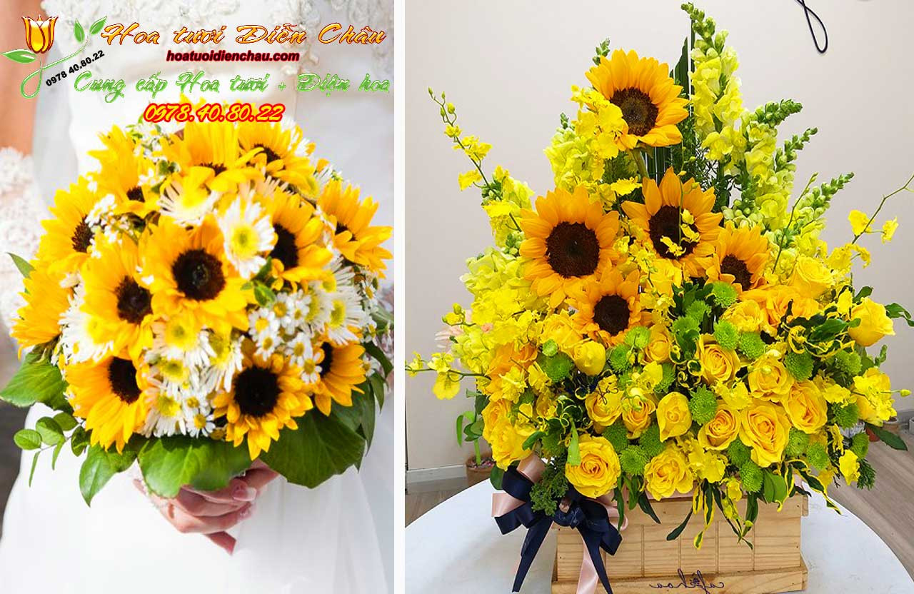 Một lẵng hoa hướng dương lớn và ấn tượng, thể hiện sự sang trọng và chuyên nghiệp trong dịch vụ điện hoa.