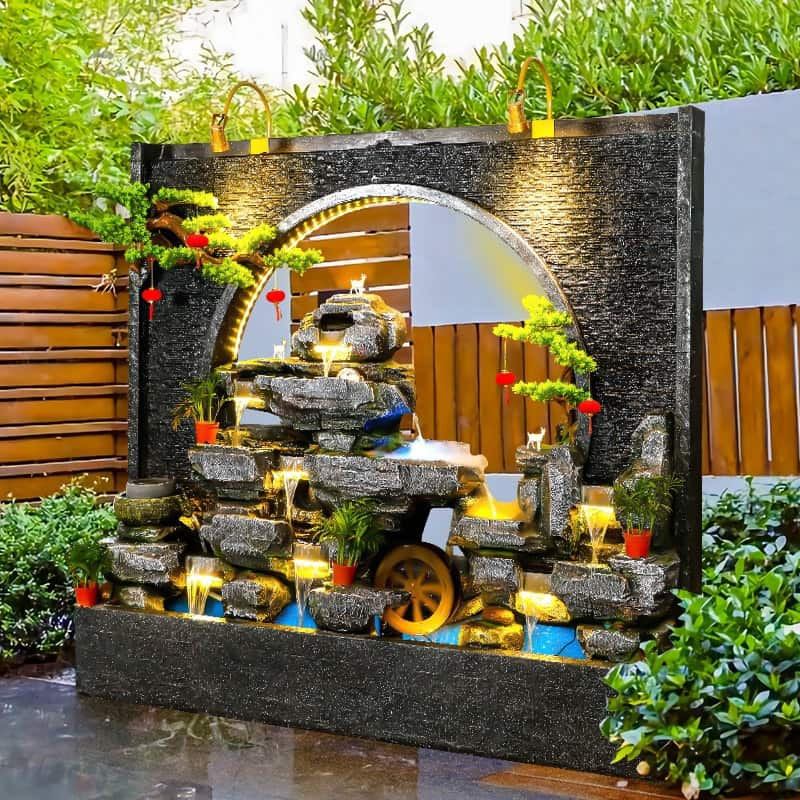 Tiểu cảnh cây xanh âm tường kết hợp thác nước sơn thủy