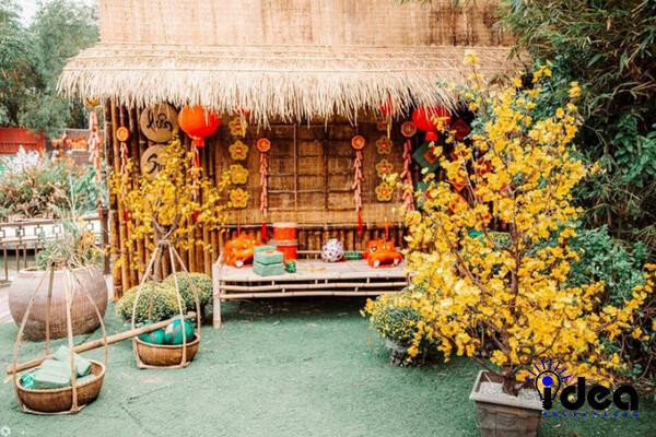 Tiểu cảnh Tết quê với cây đào cây mai