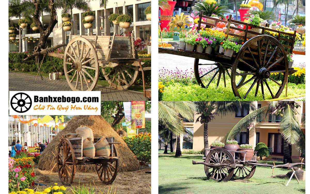 Bánh xe bò gỗ được sử dụng trang trí trong vườn hoa